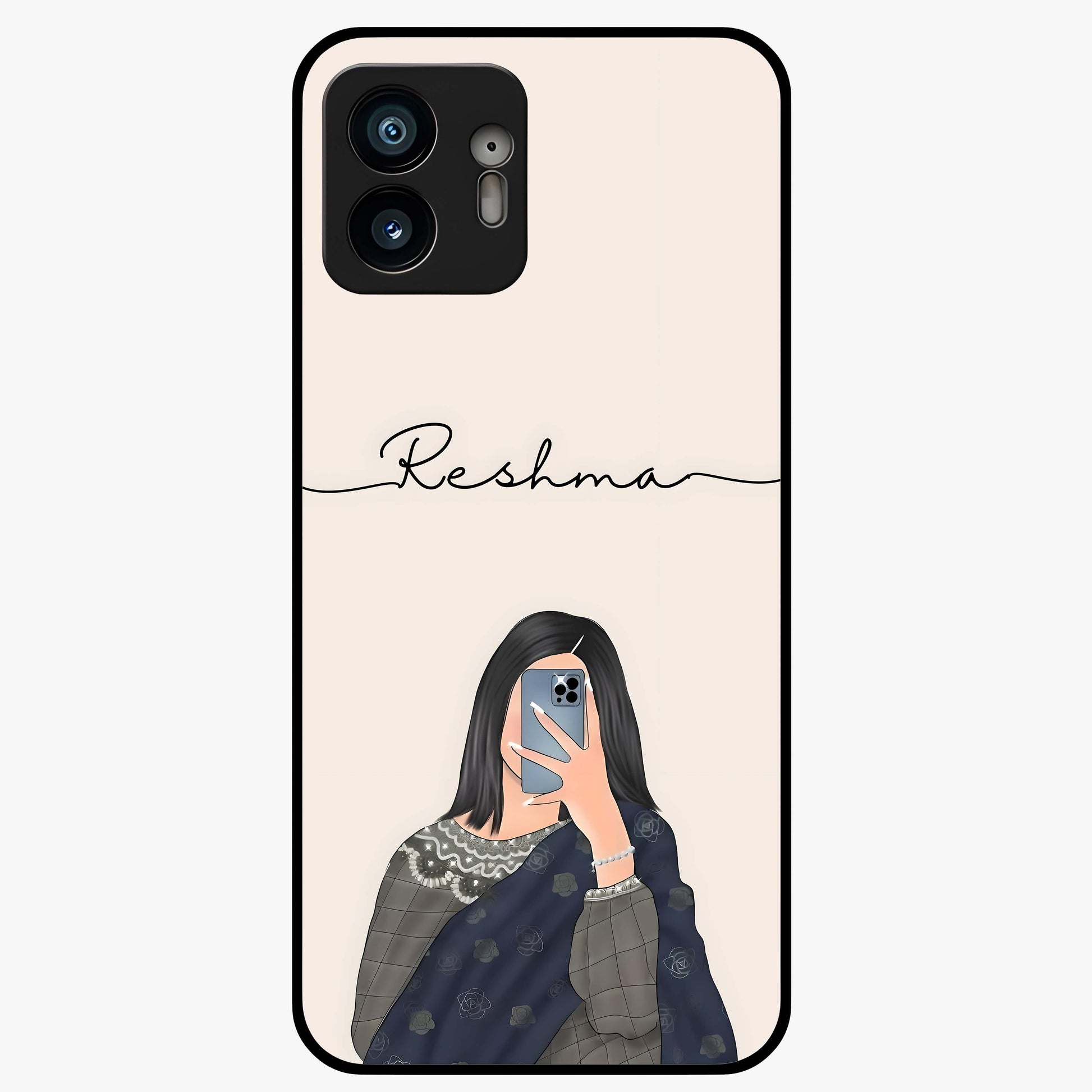 Mirror Mood Muse With Custom Name Glass Case showing flat back view with stylish mirrored artwork and personalized name design.