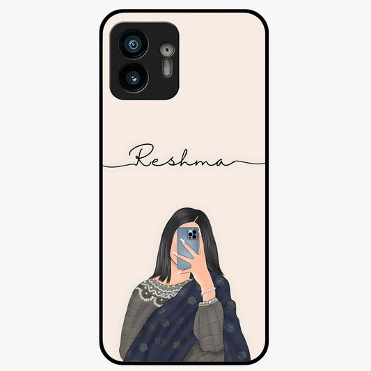 Mirror Mood Muse With Custom Name Glass Case showing flat back view with stylish mirrored artwork and personalized name design.