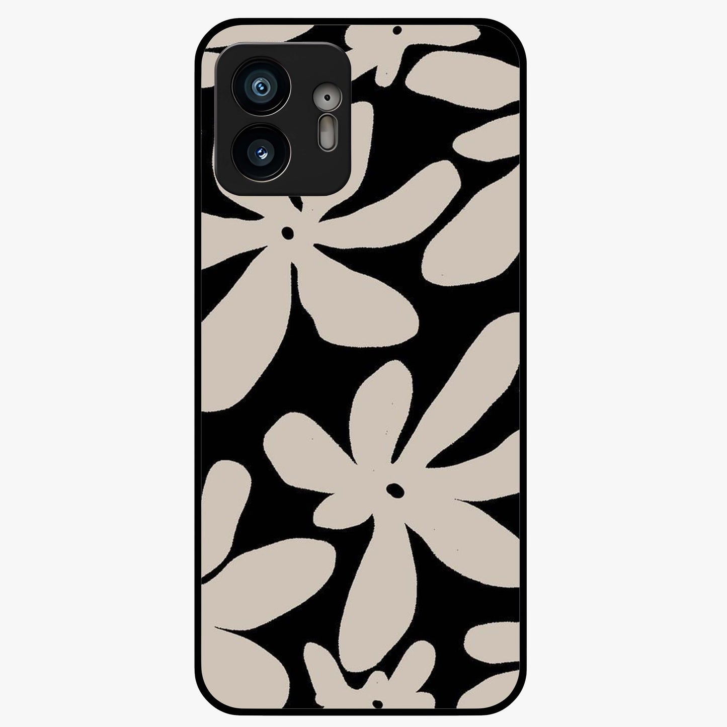 Monochrome Petal Dance Glass Case showing flat back view with monochrome floral artwork and glossy glass finish.