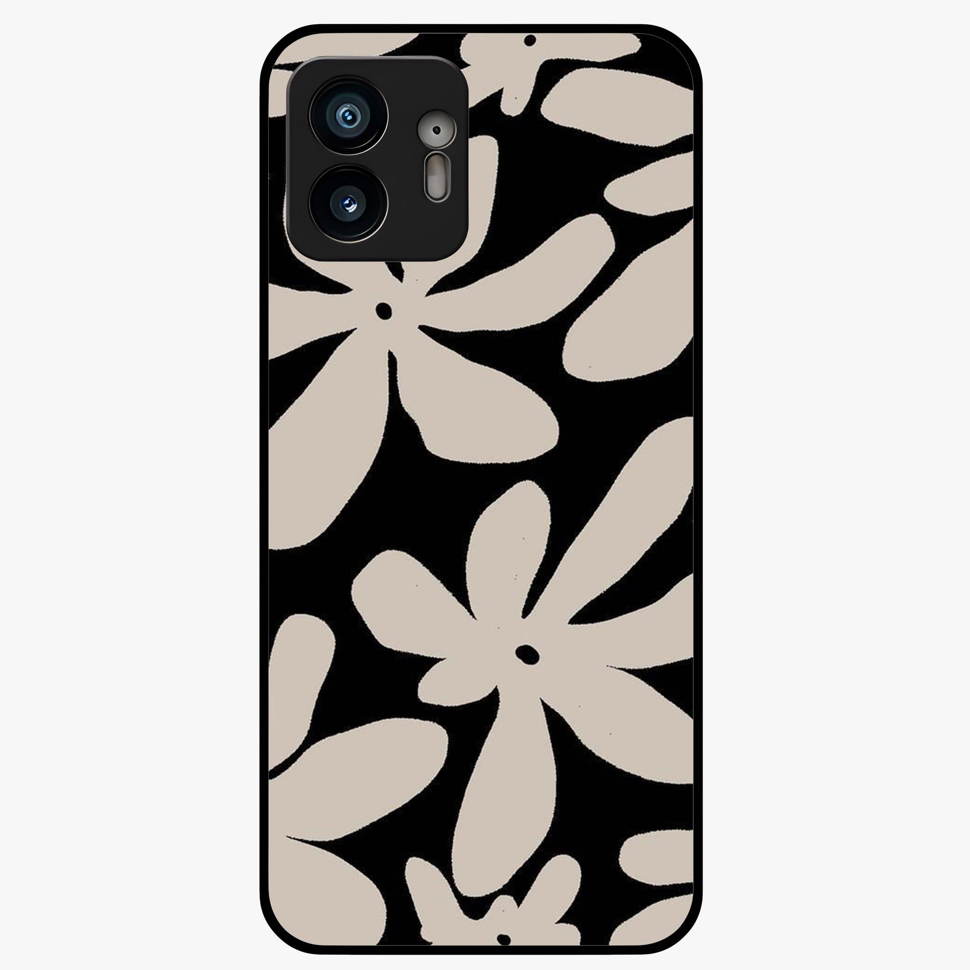 Monochrome Petal Dance Glass Case showing flat back view with monochrome floral artwork and glossy glass finish.