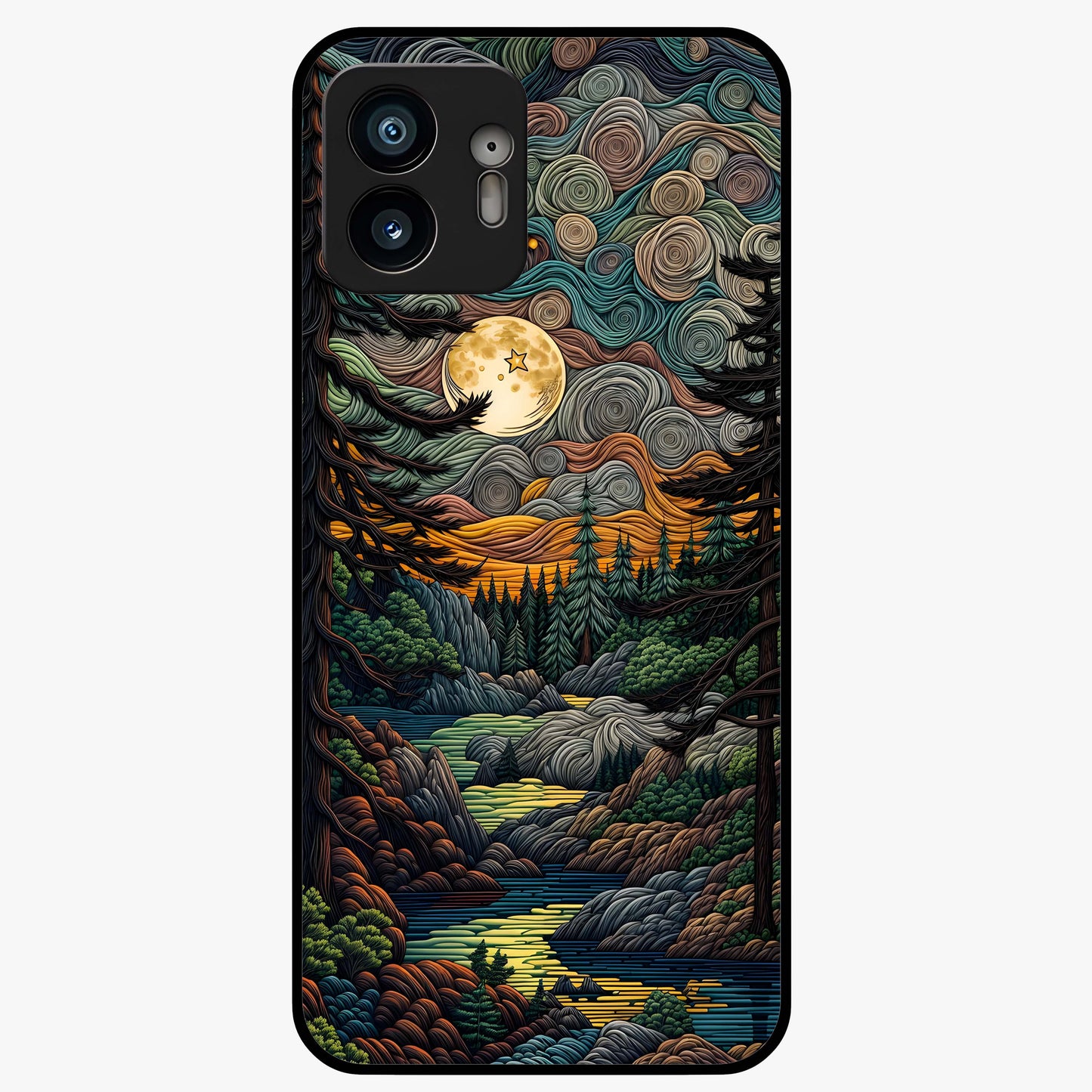 Moonlight Forest Dream Glass Case showing flat back view with mystical forest moonlight artwork and glossy glass finish.