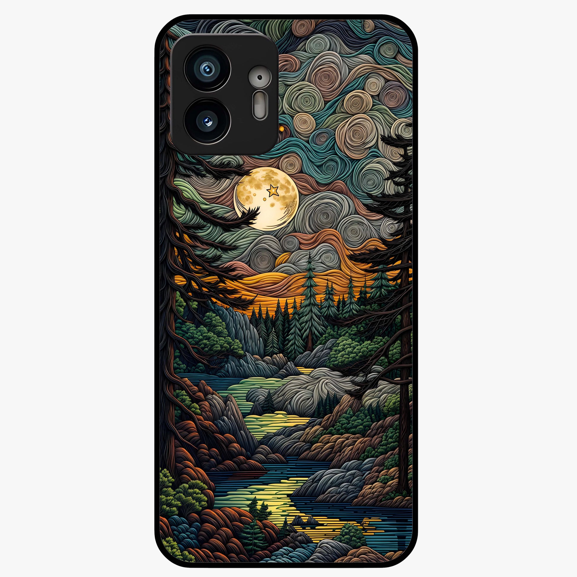 Moonlight Forest Dream Glass Case showing flat back view with mystical forest moonlight artwork and glossy glass finish.