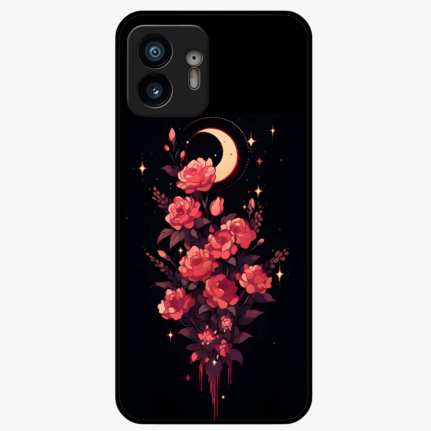 Moonlit Floral Elegance Glass Case showing flat back view with elegant floral artwork under moonlit tones and glossy glass finish.