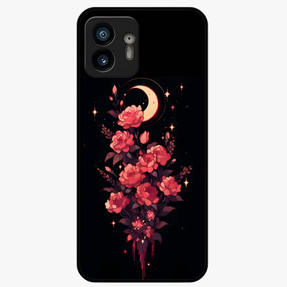 Moonlit Floral Elegance Glass Case showing flat back view with elegant floral artwork under moonlit tones and glossy glass finish.