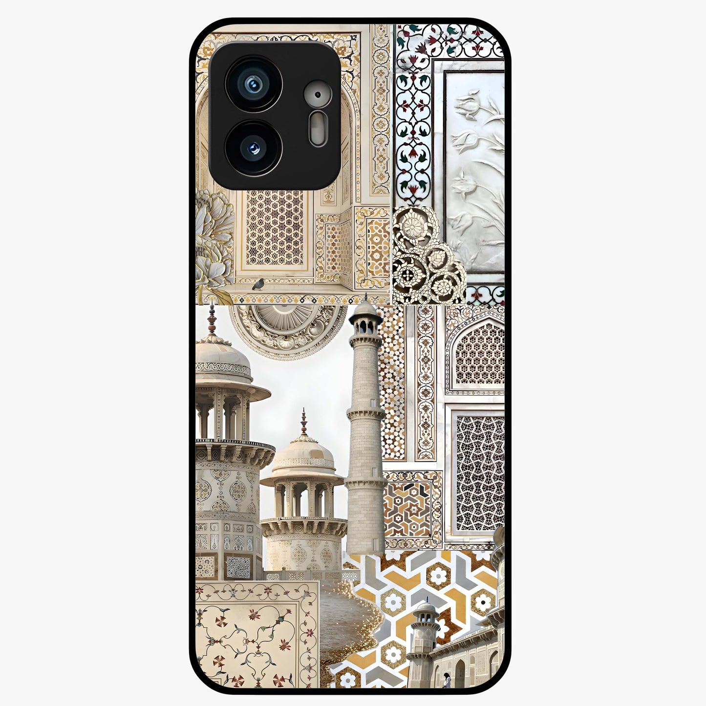 Mughal Marble Legacy Glass Case showing flat back view with intricate Mughal inspired marble pattern and glossy glass finish.