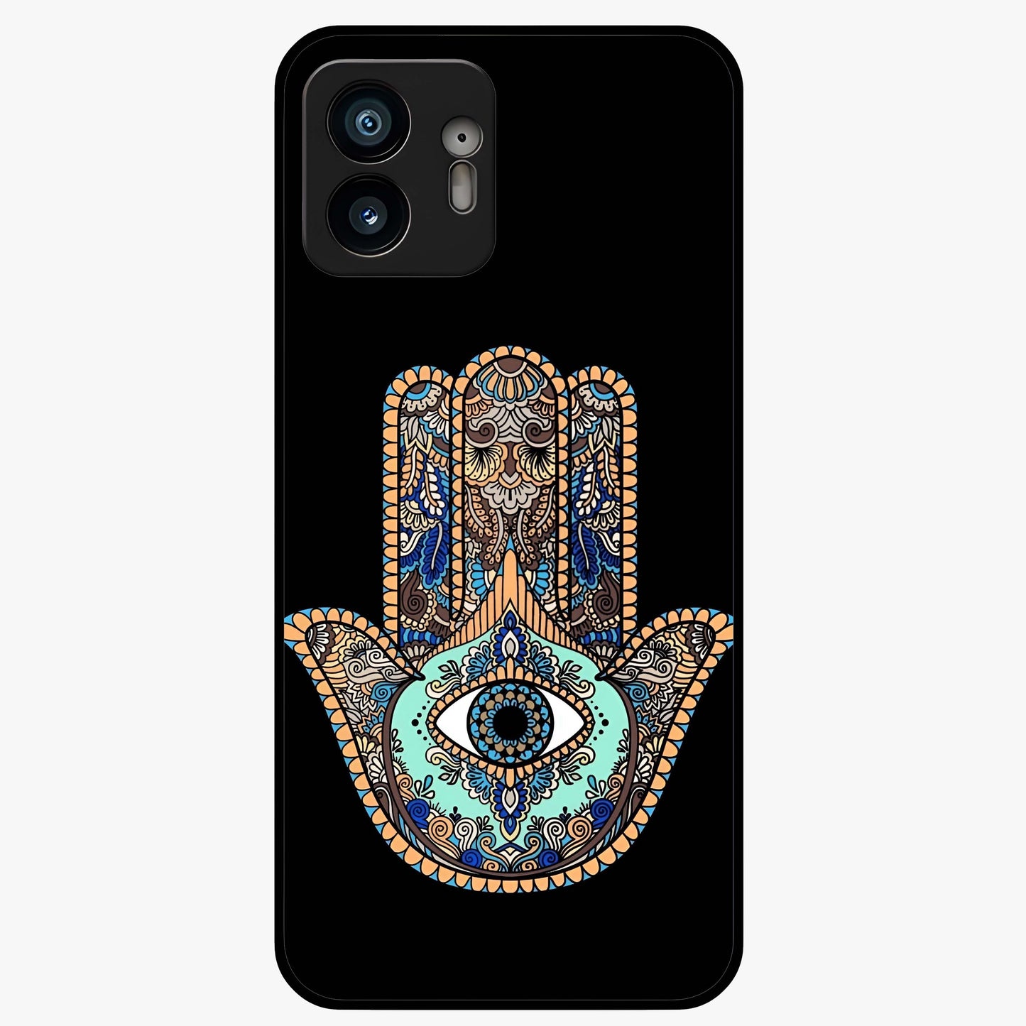 Mystic Hamsa Eye Glass Case showing flat back view with protective hamsa hand and evil eye artwork and glossy glass finish.