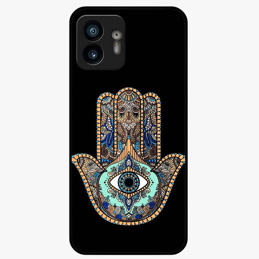 Mystic Hamsa Eye Glass Case showing flat back view with protective hamsa hand and evil eye artwork and glossy glass finish.