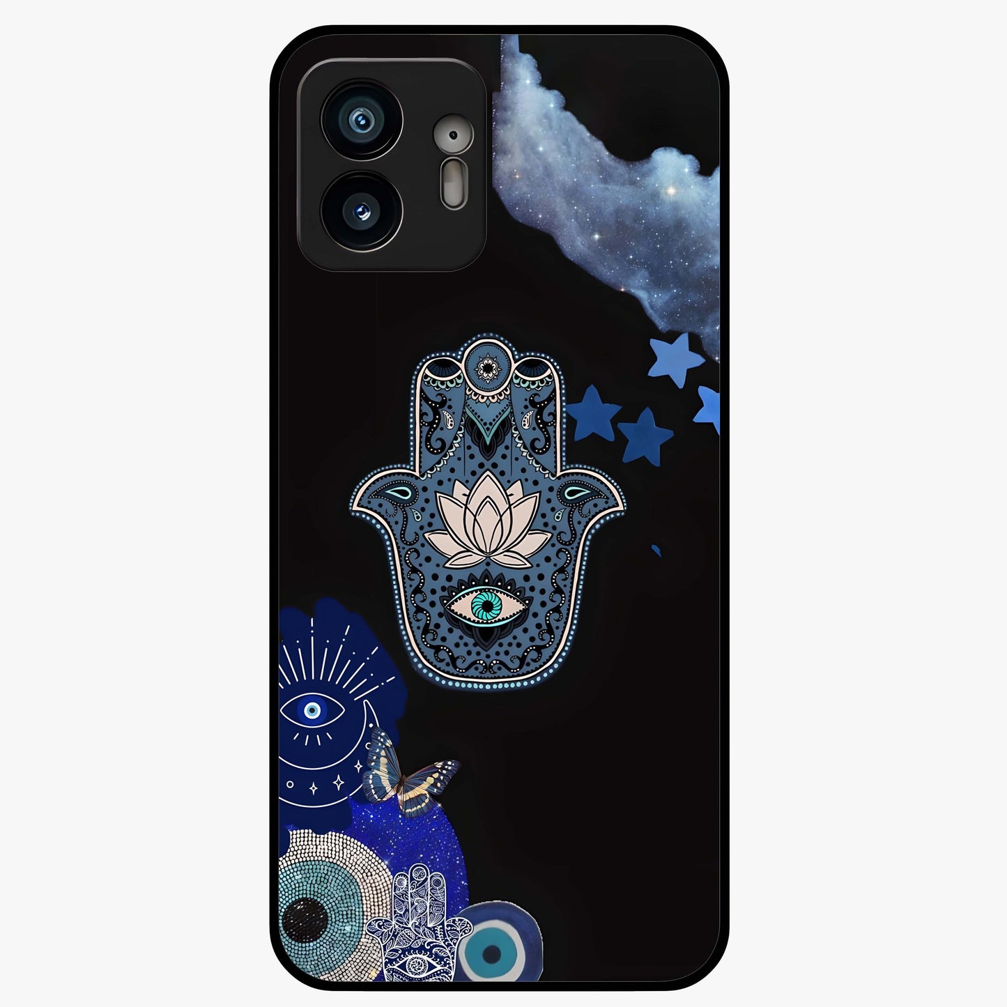 Mystic Hand Aura Glass Case showing flat back view with mystical hand symbol artwork and glossy glass finish.