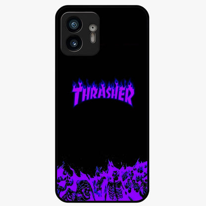 Neon Flame Riot Glass Case showing flat back view with neon flame artwork and glossy glass finish.