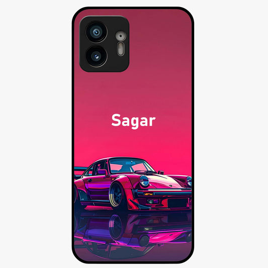 Neon Pink Porsche Glass Case showing flat back view with stylish sports car artwork and glossy glass finish.