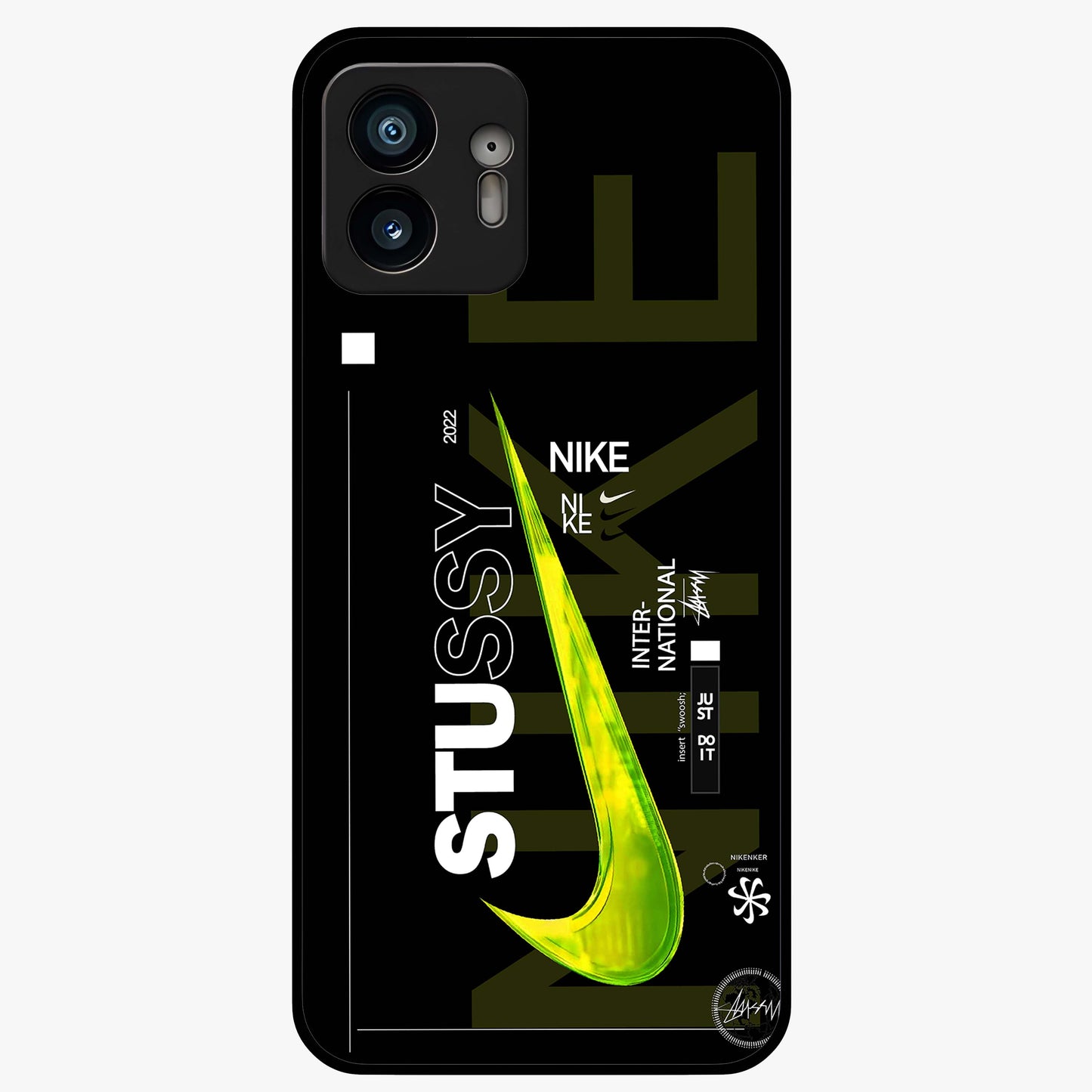 Neon Street Edition Glass Case showing flat back view with neon street style artwork and glossy glass finish.