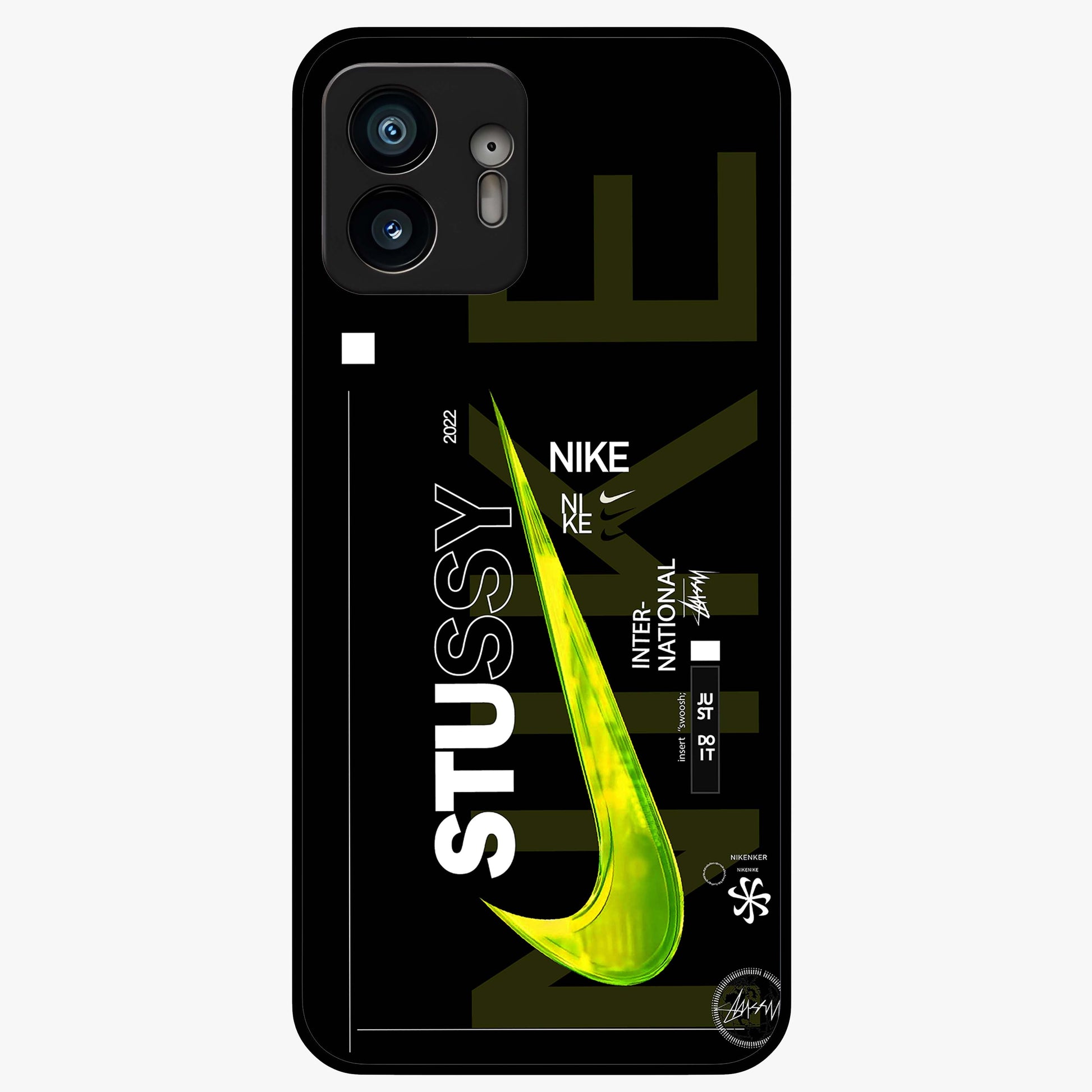 Neon Street Edition Glass Case showing flat back view with neon street style artwork and glossy glass finish.