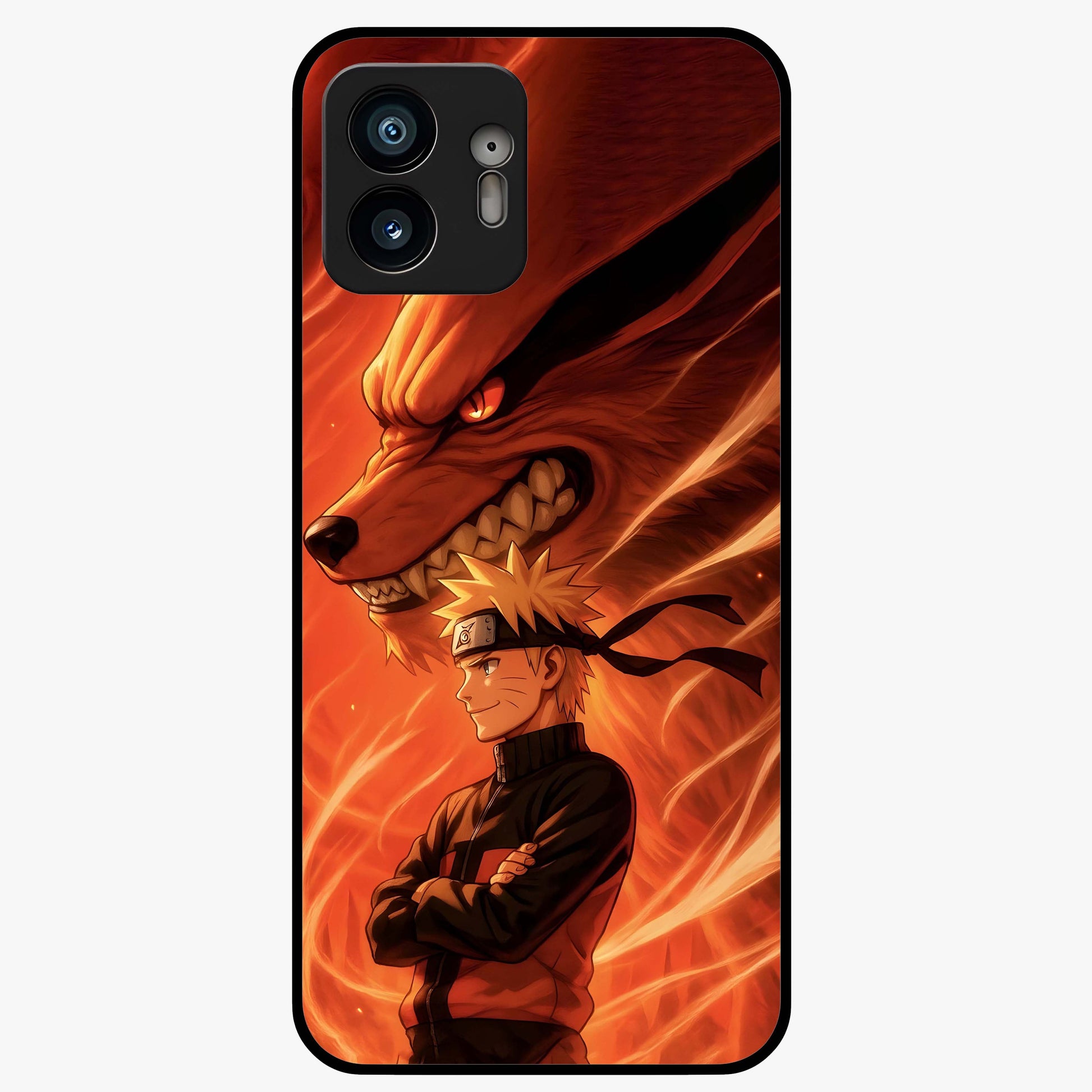 Nine Tails Legacy Glass Case showing flat back view with powerful nine-tailed fox inspired artwork and glossy glass finish.