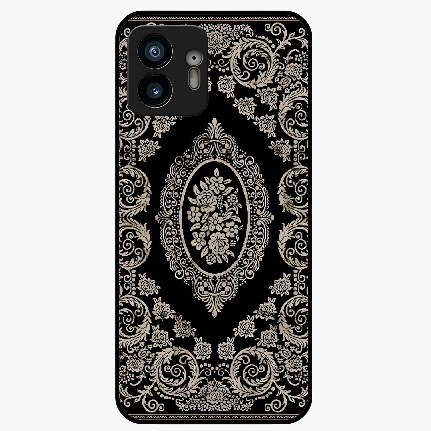 Noir Bloom Elegance Glass Case showing flat back view with elegant dark floral artwork and glossy glass finish.