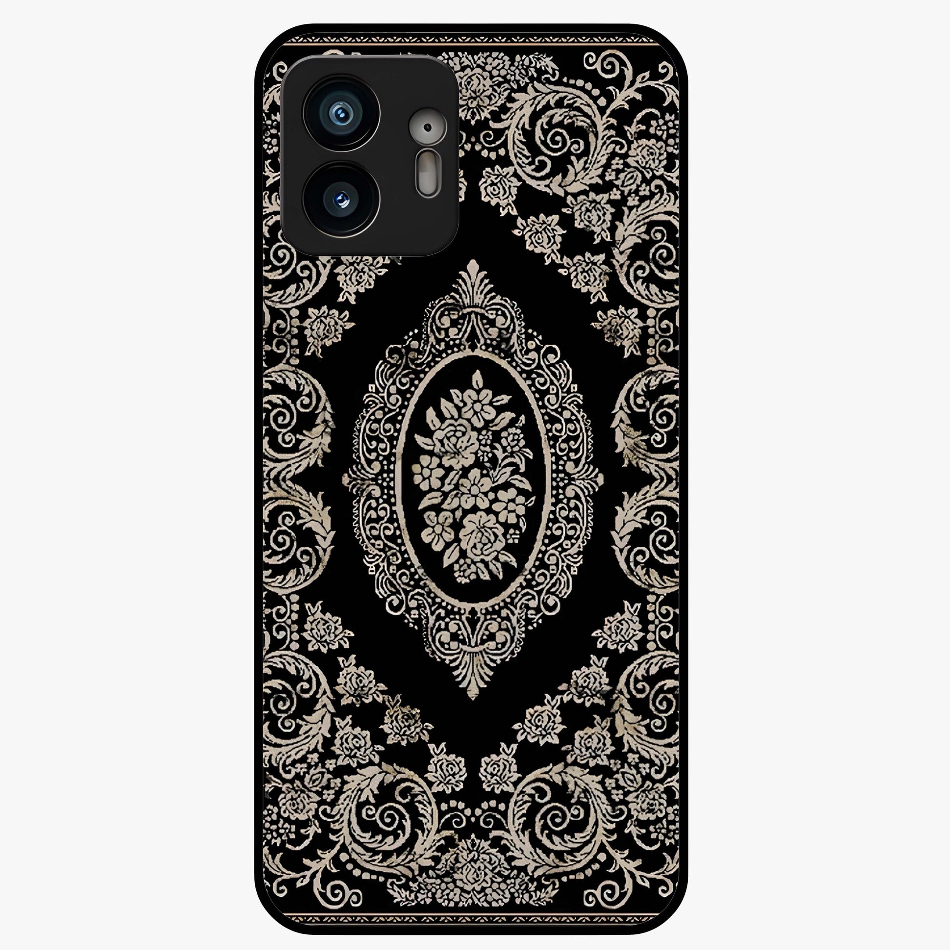 Noir Bloom Elegance Glass Case showing flat back view with elegant dark floral artwork and glossy glass finish.