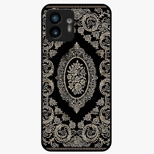 Noir Bloom Elegance Glass Case showing flat back view with elegant dark floral artwork and glossy glass finish.