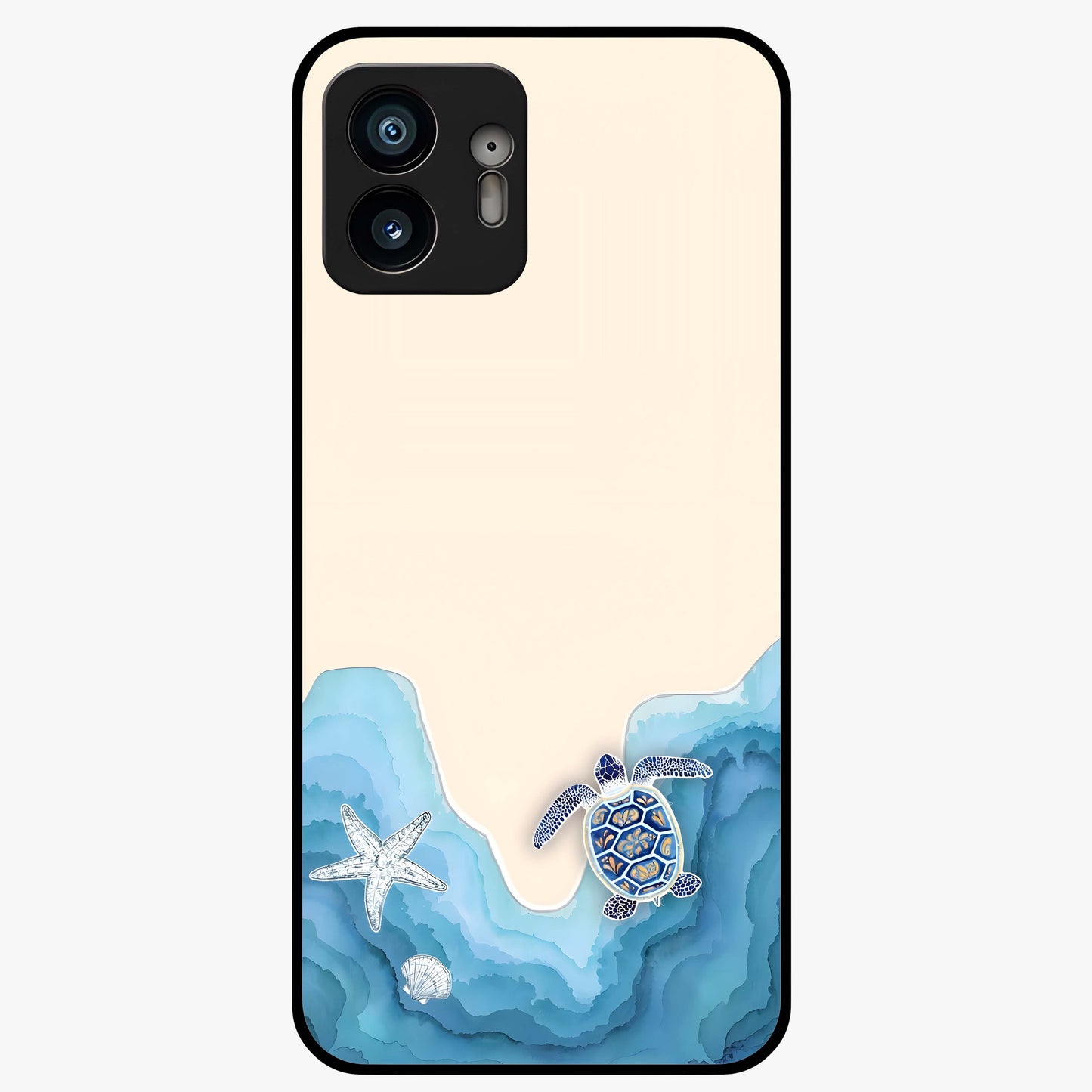 Ocean Drift Turtle Glass Case showing flat back view with sea turtle artwork and glossy glass finish.
