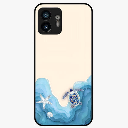 Ocean Drift Turtle Glass Case showing flat back view with sea turtle artwork and glossy glass finish.