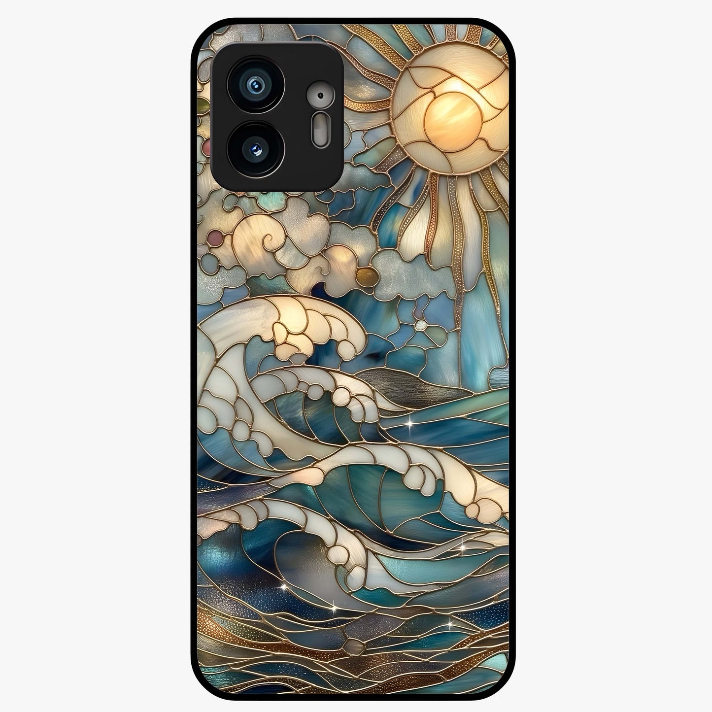 Oceanic Stained Printed Glass Case showing flat back view with ocean inspired stained pattern artwork and glossy glass finish.