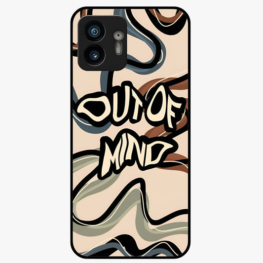 Out Of Mind Glass Case showing flat back view with expressive typography artwork and glossy glass finish.