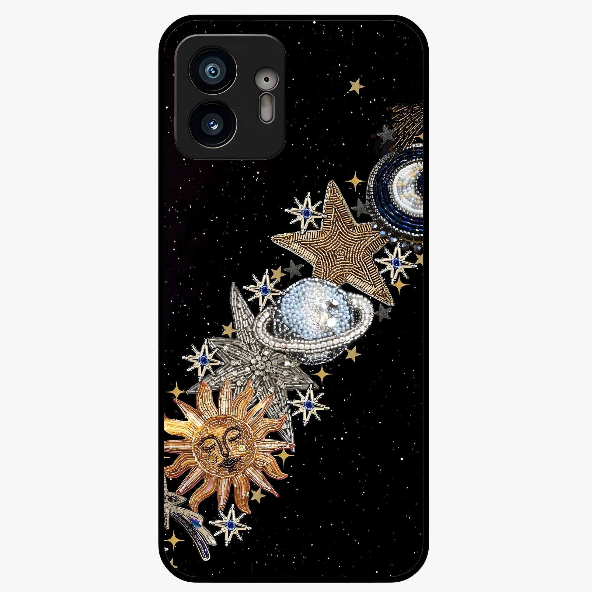 Pearls Universe Object Glass Case showing flat back view with pearl inspired cosmic artwork and glossy glass finish.