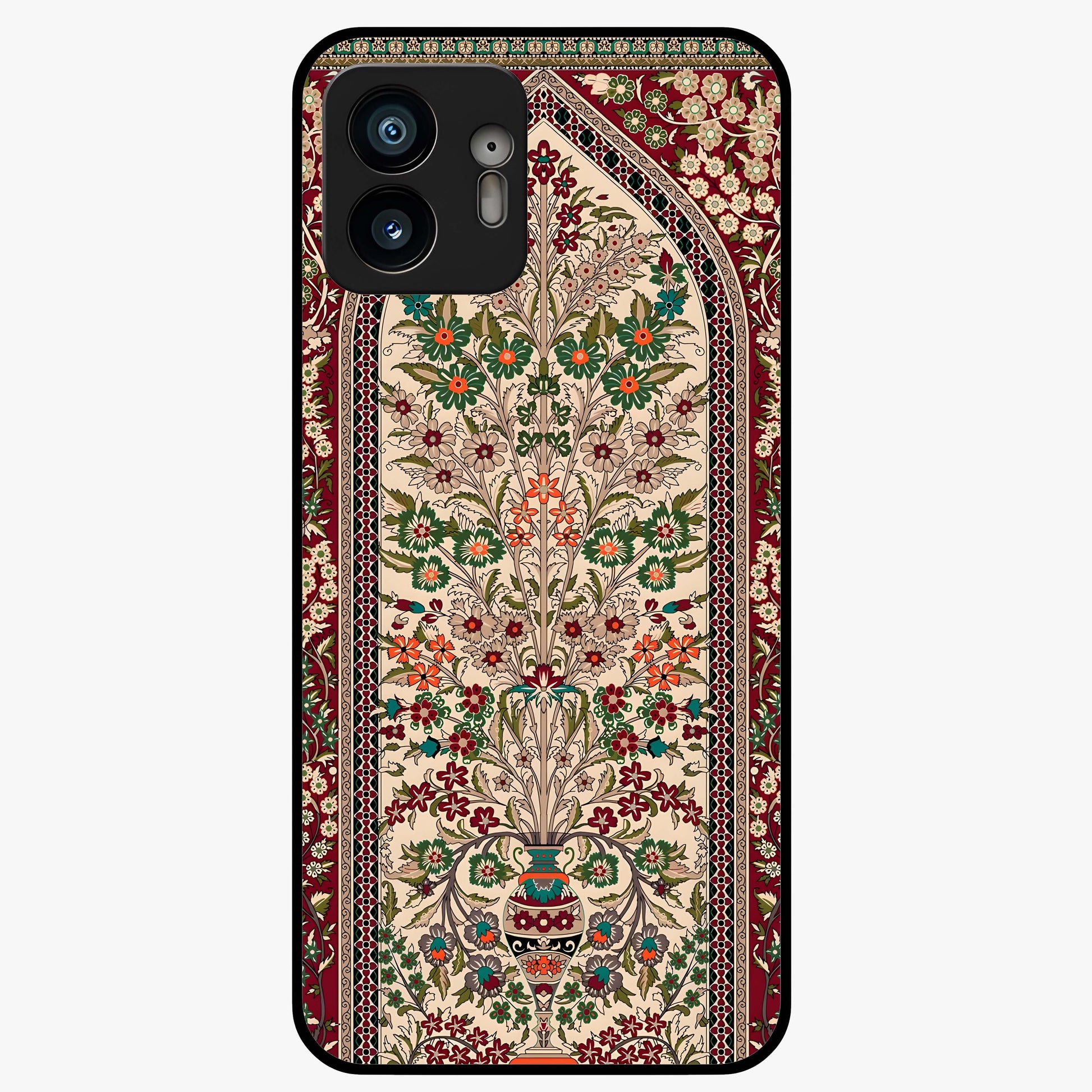 Persian Inspired Glass Case showing flat back view with ornate Persian style pattern artwork and glossy glass finish.