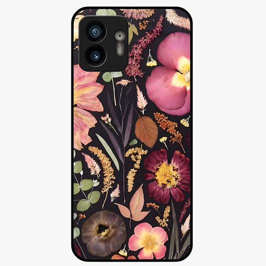 Petal Dream Tapestry Glass Case showing flat back view with intricate floral tapestry artwork and glossy glass finish.
