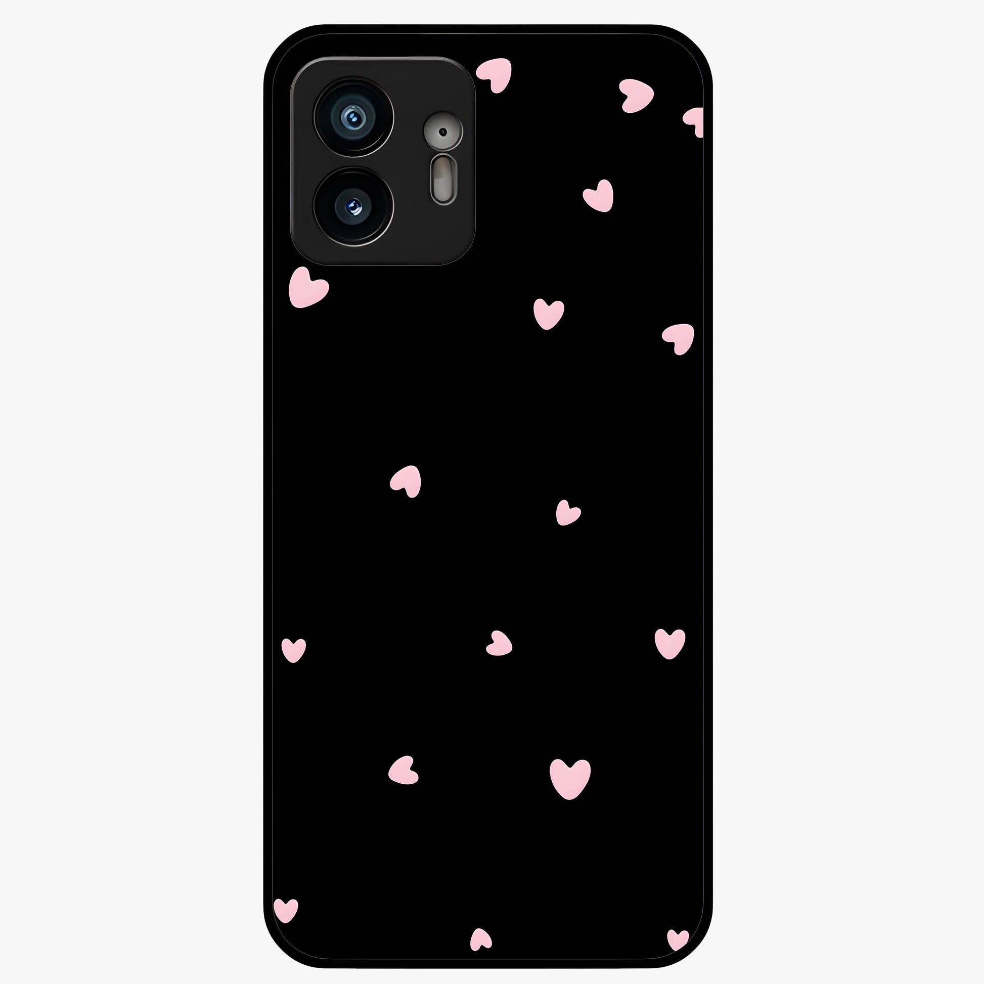 Pink Love Drops Glass Case showing flat back view with playful pink heart drops artwork and glossy glass finish.