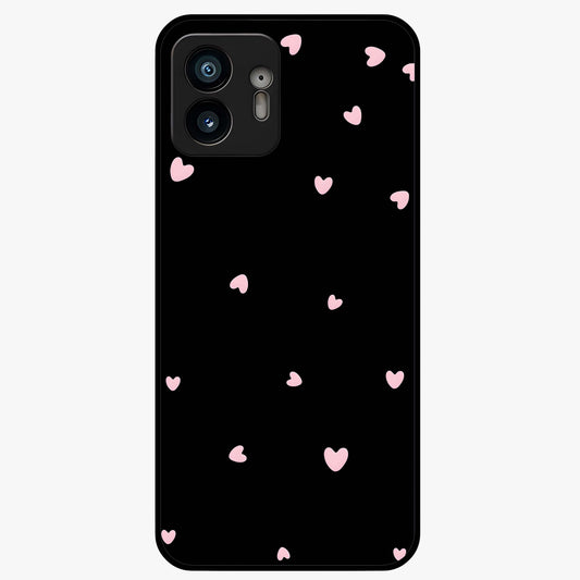 Pink Love Drops Glass Case showing flat back view with playful pink heart drops artwork and glossy glass finish.