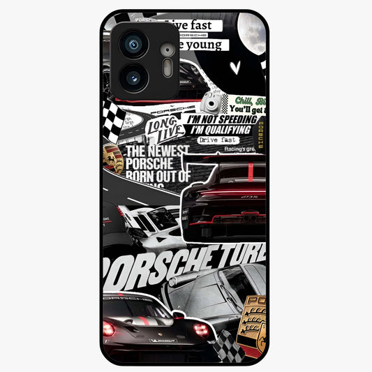 Porsche Racing Collage Glass Case showing flat back view with sports car racing collage artwork and glossy glass finish.