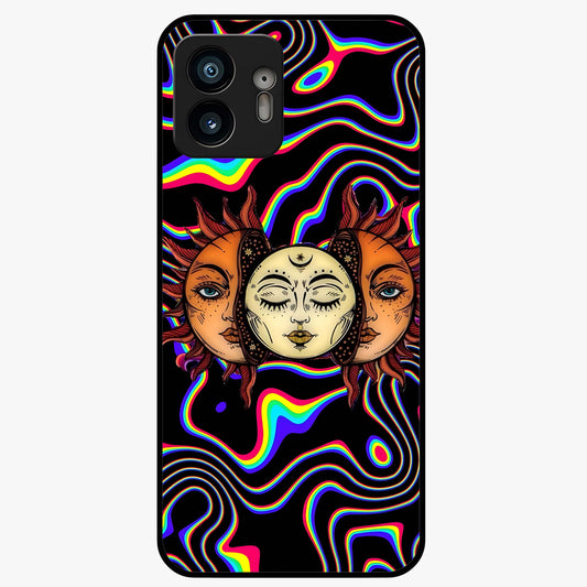 Psychedelic Sun Glass Case showing flat back view with colorful psychedelic sun artwork and glossy glass finish.