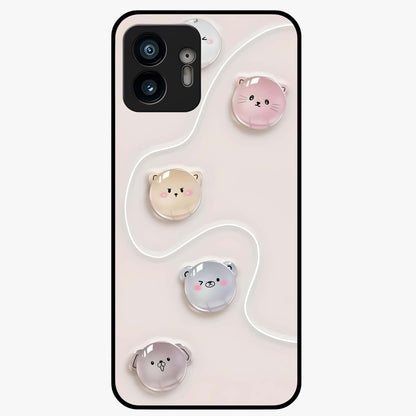 Puffy Face Parade Glass Case showing flat back view with cute puffy character faces artwork and glossy glass finish.