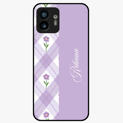 Purple Diamond Floral Glass Case showing flat back view with diamond shaped floral artwork and glossy glass finish.