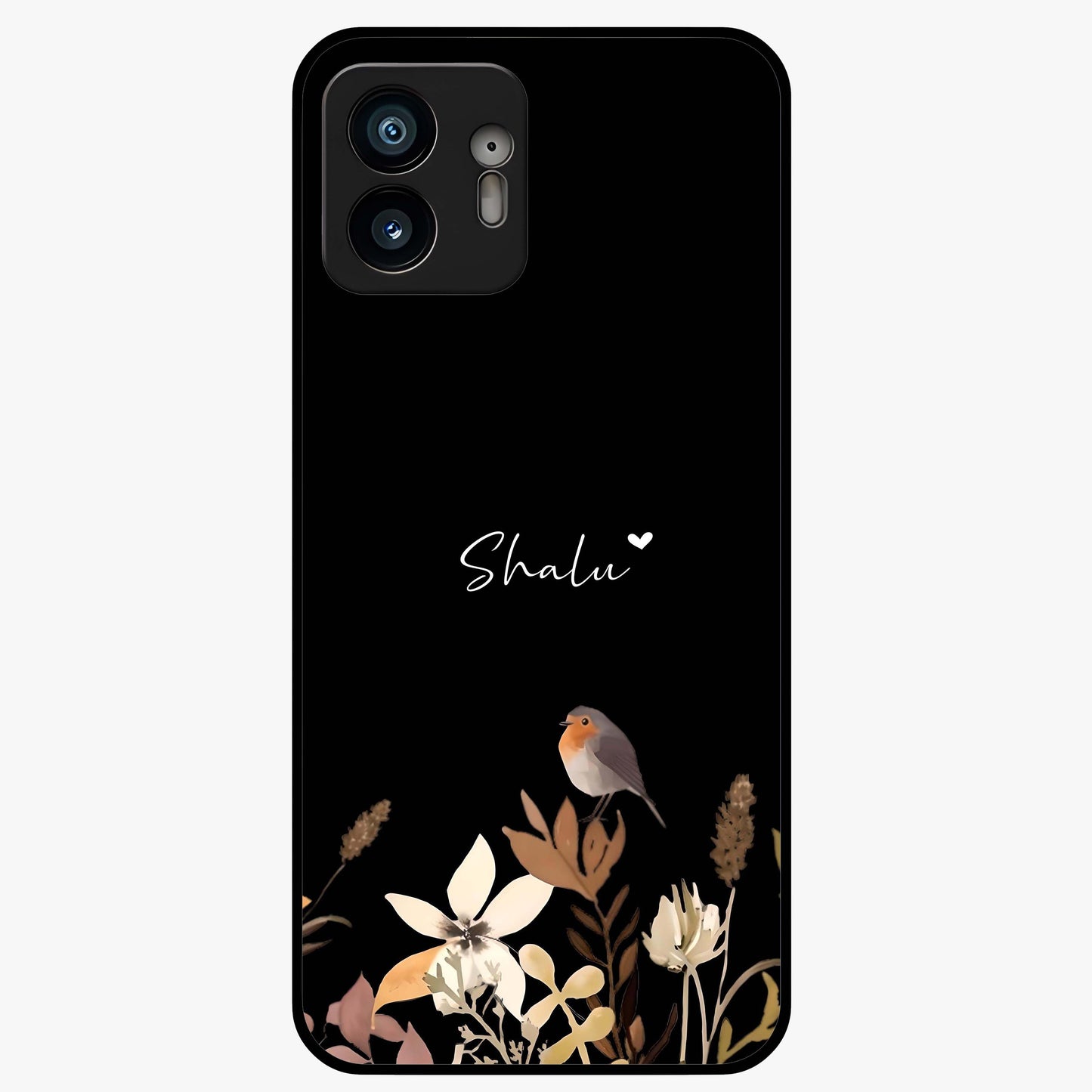 Quiet Garden Tune Custom Name Glass Case showing flat back view with peaceful garden artwork and personalized name design.