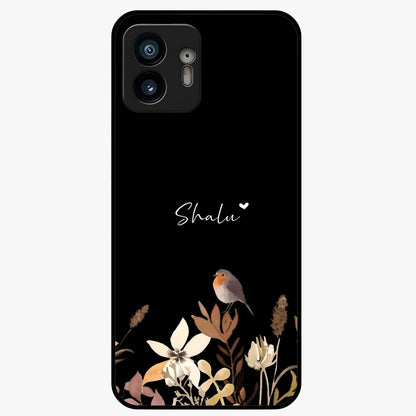 Quiet Garden Tune Custom Name Glass Case showing flat back view with peaceful garden artwork and personalized name design.