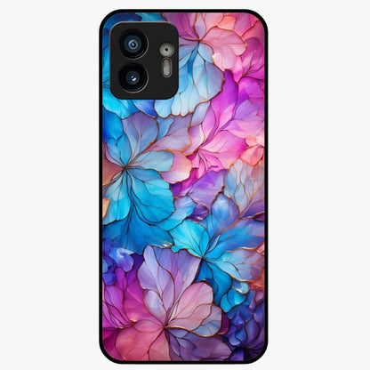 Radiant Floral Whirl Glass Case showing flat back view with swirling floral artwork and glossy glass finish.