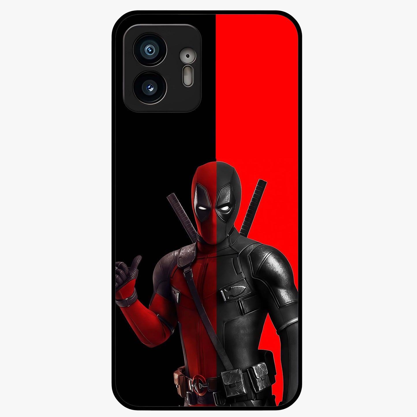 Red & Black Deadpool Theme Glass Case showing flat back view with bold comic inspired artwork and glossy glass finish.