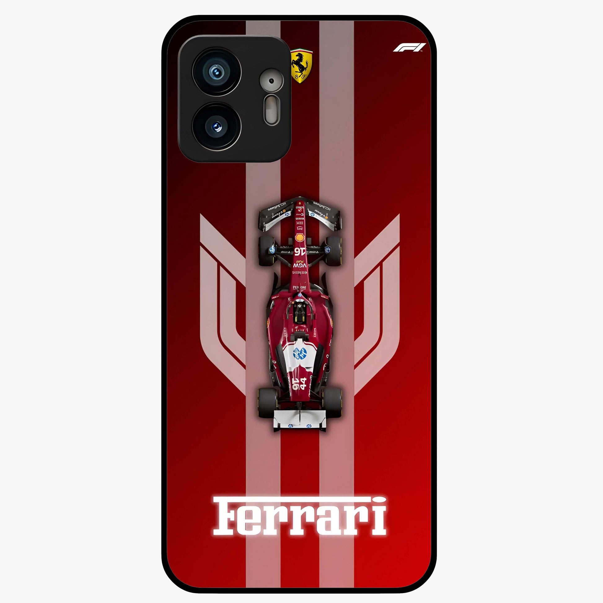 Red Ferrari F1 Vertical Glass Case showing flat back view with sleek Formula racing car artwork and glossy glass finish.