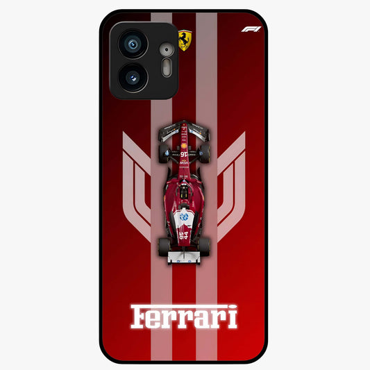 Red Ferrari F1 Vertical Glass Case showing flat back view with sleek Formula racing car artwork and glossy glass finish.