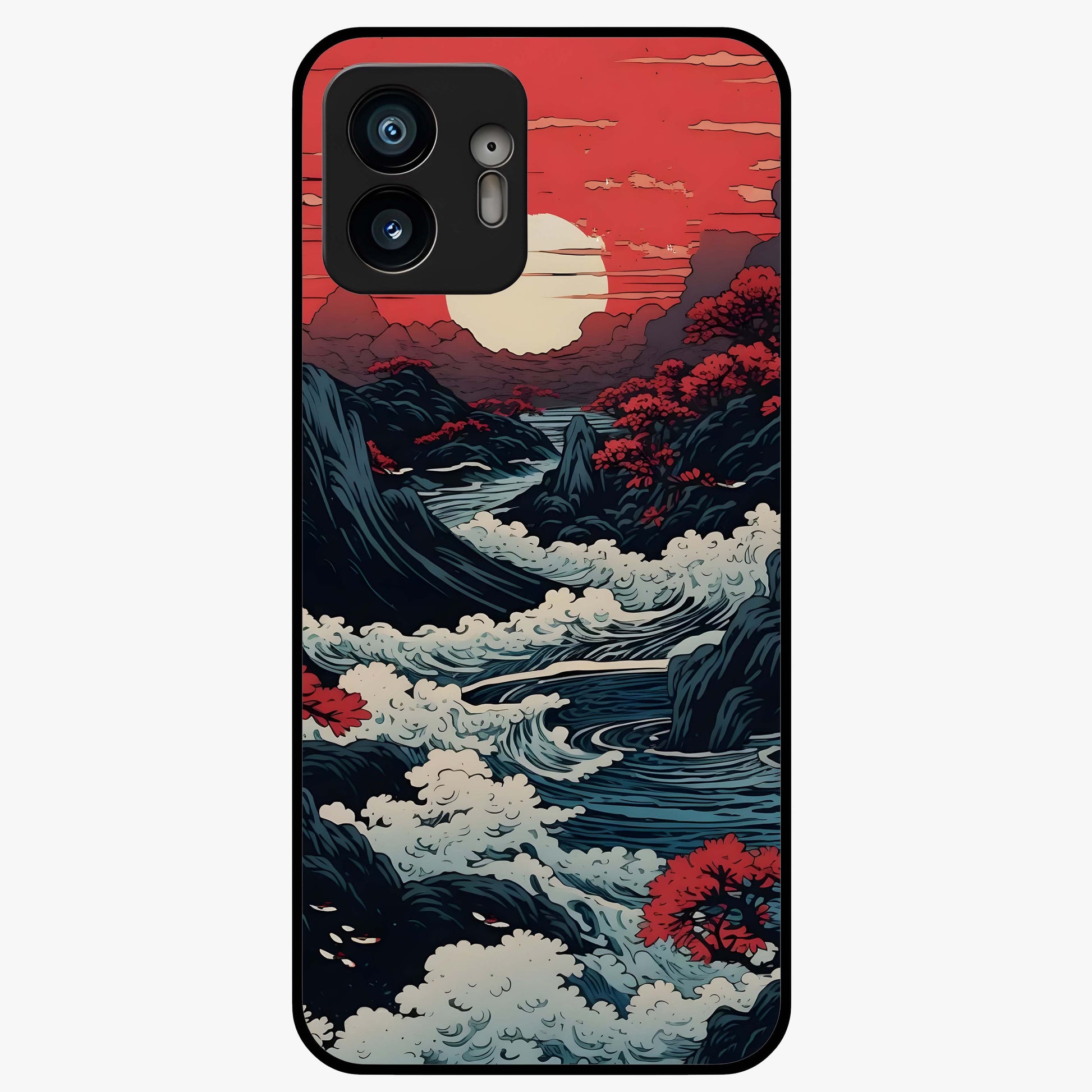 Red Sunset Scenery Glass Case showing flat back view with vibrant sunset landscape artwork and glossy glass finish.