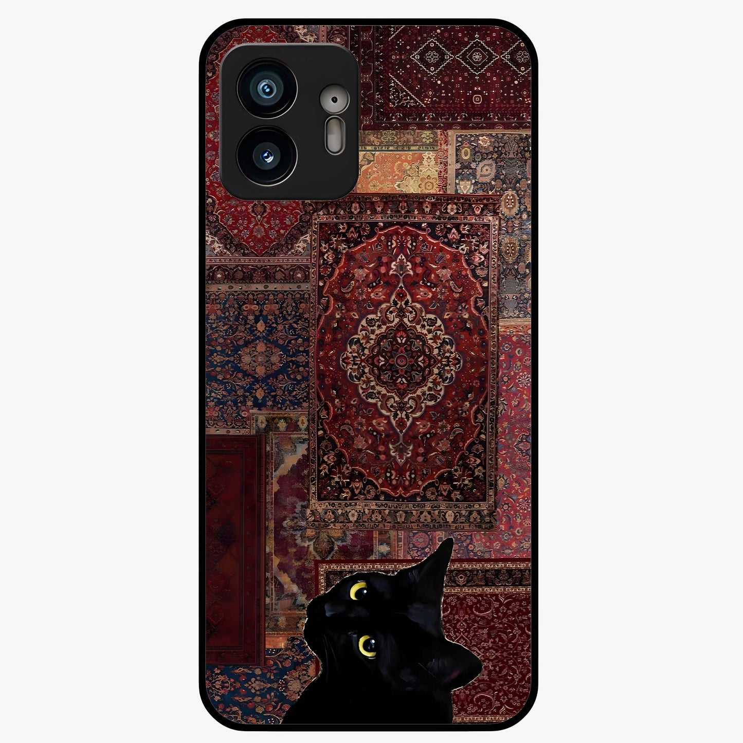 Regal Magic Cat Apple Glass Case showing flat back view with magical cat artwork holding apple and glossy glass finish.