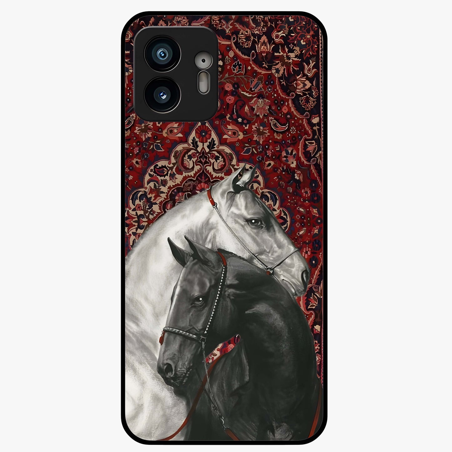 Regal Stallion Tapestry Glass Case showing flat back view with majestic horse tapestry artwork and glossy glass finish.