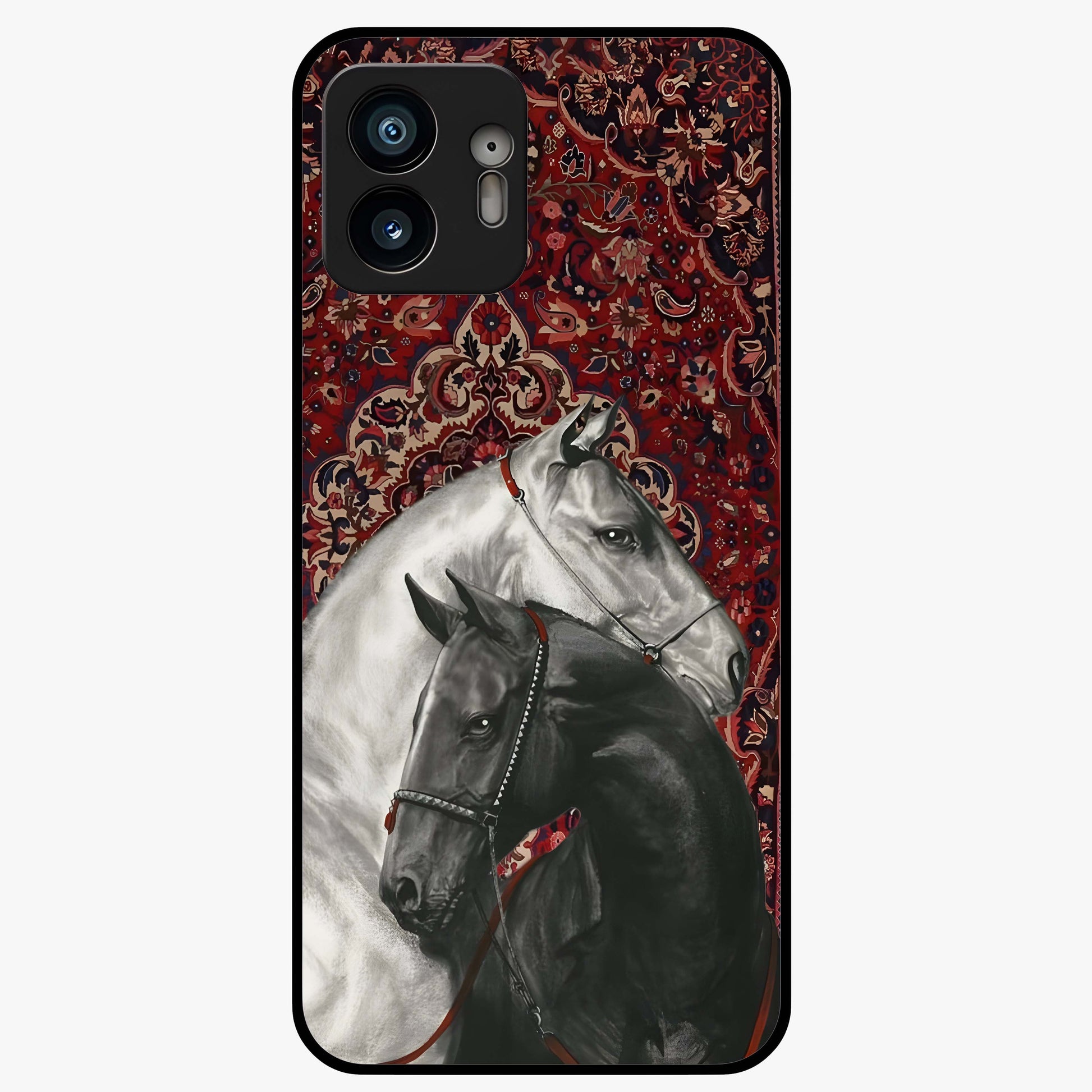 Regal Stallion Tapestry Glass Case showing flat back view with majestic horse tapestry artwork and glossy glass finish.