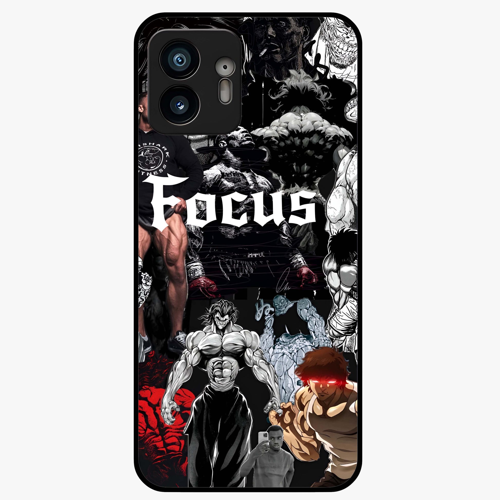 Relentless Power Focus Glass Case showing flat back view with motivational typography artwork and glossy glass finish.