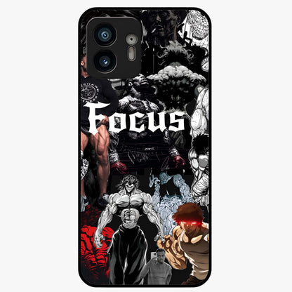 Relentless Power Focus Glass Case showing flat back view with motivational typography artwork and glossy glass finish.