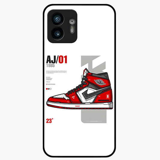 Retro Sneaker Blueprint Glass Case showing flat back view with sneaker blueprint style artwork and glossy glass finish.