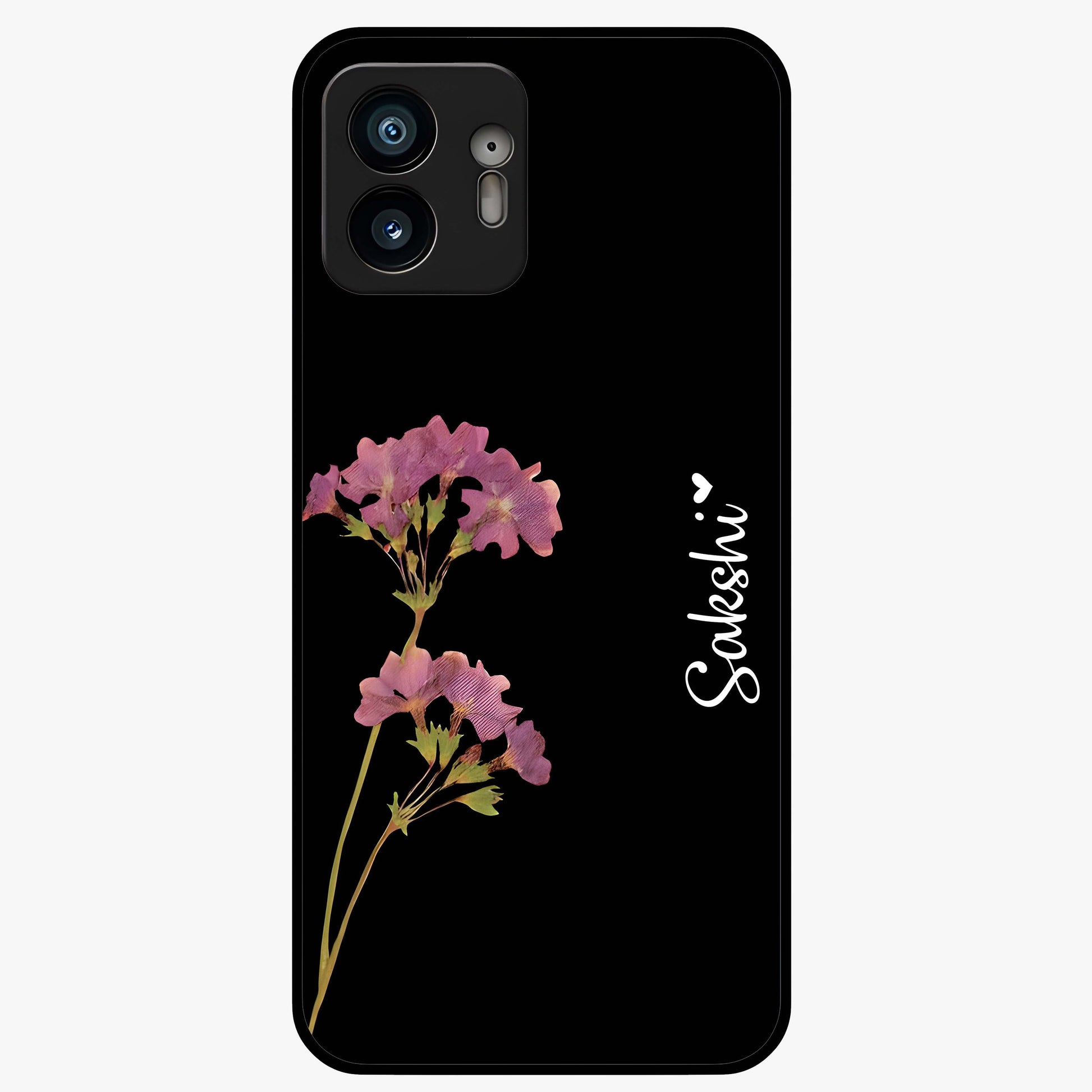 Riching Lavender Flower Custom Name Glass Case showing flat back view with lavender floral artwork and personalized name design.