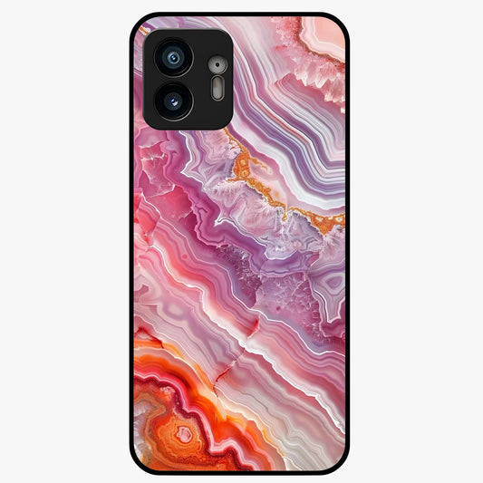 Rose Quartz Marble Glass Case showing flat back view with pink marble quartz texture artwork and glossy glass finish.