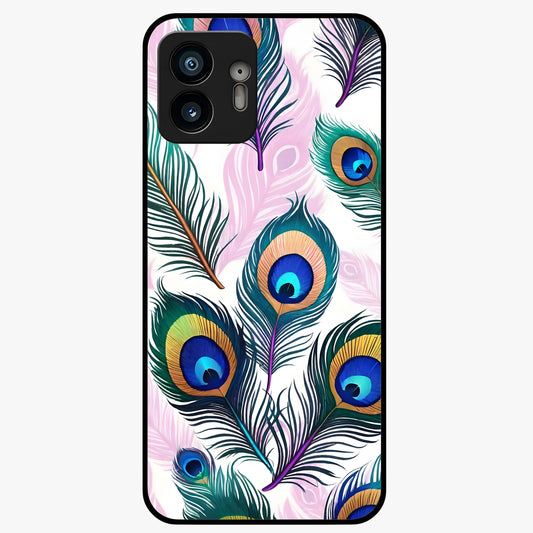 Royal Peacock Feathers Glass Case showing flat back view with colorful peacock feather artwork and glossy glass finish.