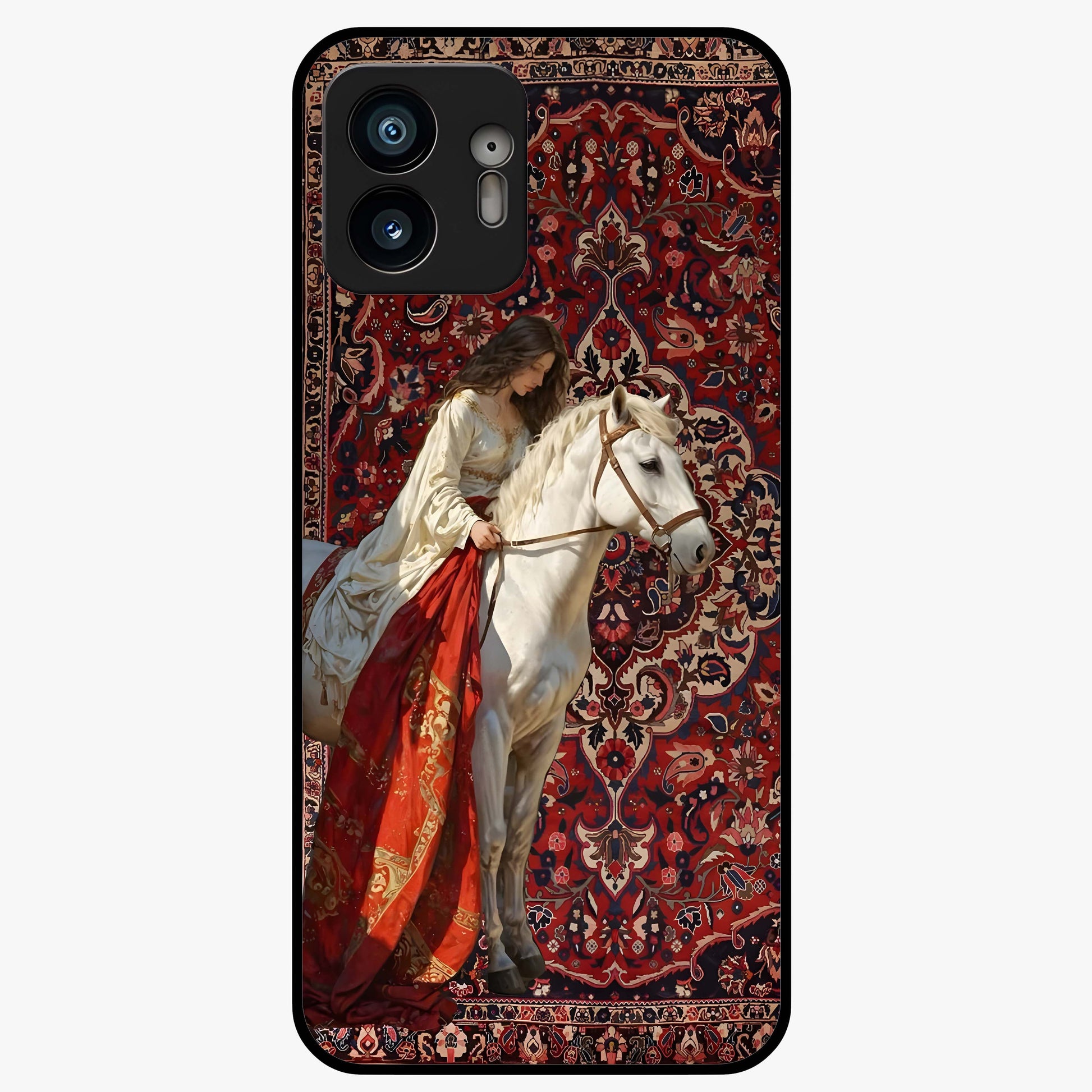 Royal Rider Tapestry Glass Case showing flat back view with majestic horse rider tapestry artwork and glossy glass finish.